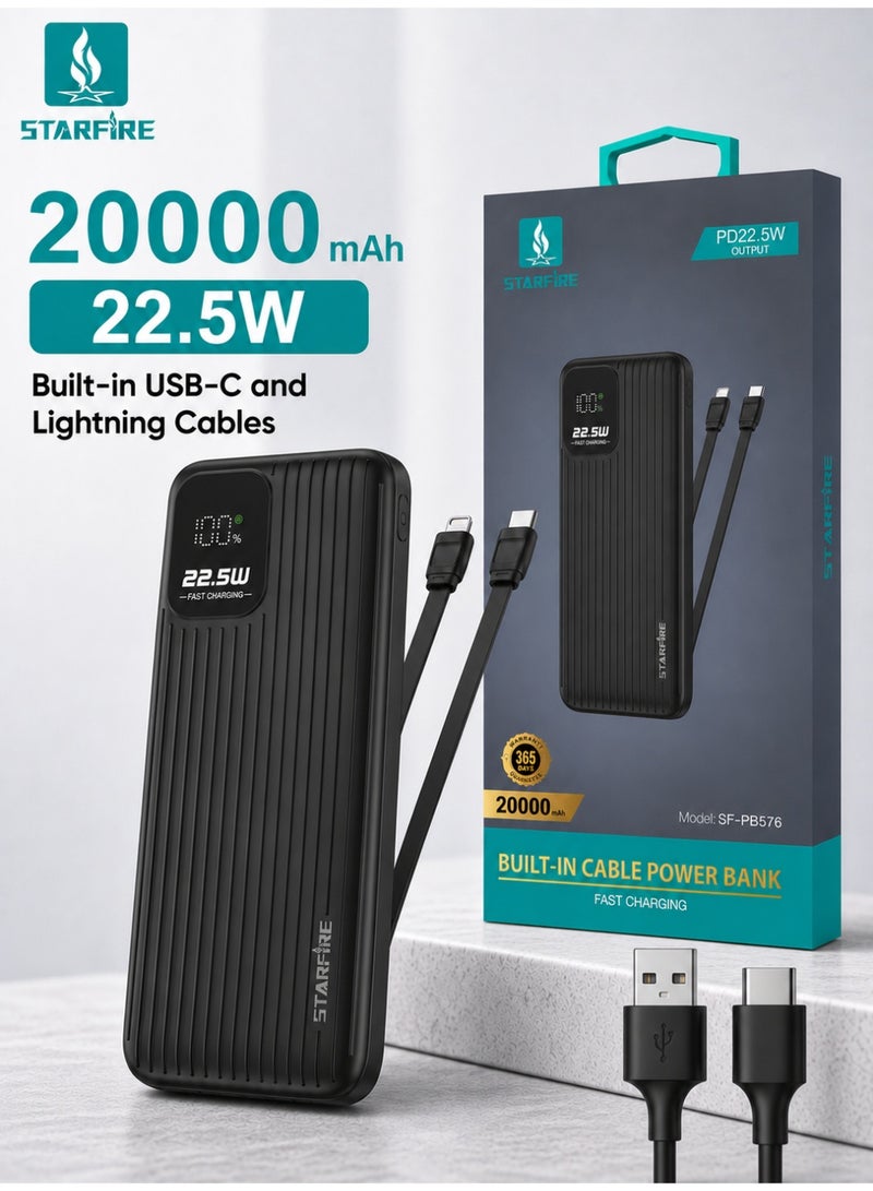 STARFIRE 20000mAh Power Bank with Built-in Type-C & Lightning Cables, 22.5W Fast Charging Portable Charger, LED Digital Display, USB-A & PD20W Type-C Output, Compact Battery Pack for iPhone 17 / 17 Pro / 17 Pro Max / iPhone Air / 16 / 15 / 14 / 13 / 12 Series, Samsung Galaxy S25 / S24 / S23 / S22, iPad, Xiaomi, OnePlus, Huawei - Image 1