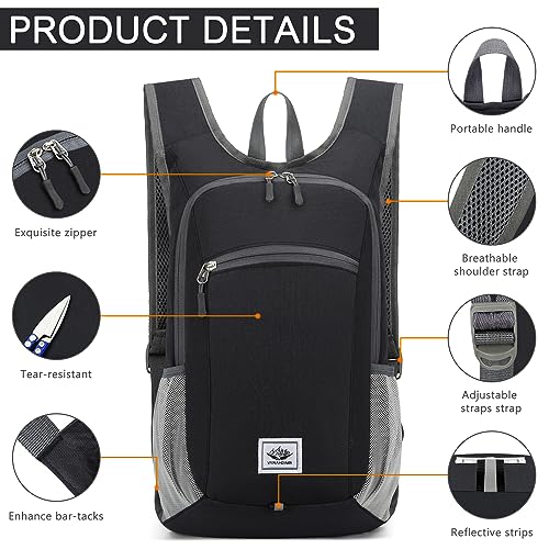 Esup 15L Lightweight Hiking Backpack Foldable Small Travel Backpack Packable Camping Backpack for Women Men (Black) - Image 4