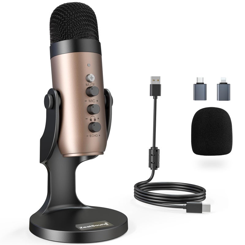 ZealSound ميكروفون USB من ZealSound، ميكروفون كمبيوتر مكثف، ميكروفونات ألعاب Plug&Play لجهاز PS 4&5. مخرج سماعة التحكم في الصوت، التحكم في مستوى الميكروفون، زر كتم الصوت للبث الصوتي، بودكاست يوتيوب على ماك وويندوز (ذهبي) - Image 1