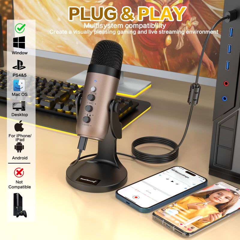 ZealSound ميكروفون USB من ZealSound، ميكروفون كمبيوتر مكثف، ميكروفونات ألعاب Plug&Play لجهاز PS 4&5. مخرج سماعة التحكم في الصوت، التحكم في مستوى الميكروفون، زر كتم الصوت للبث الصوتي، بودكاست يوتيوب على ماك وويندوز (ذهبي) - Image 2