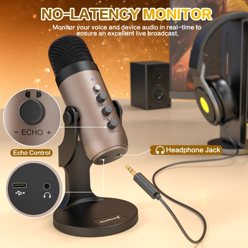 ZealSound ميكروفون USB من ZealSound، ميكروفون كمبيوتر مكثف، ميكروفونات ألعاب Plug&Play لجهاز PS 4&5. مخرج سماعة التحكم في الصوت، التحكم في مستوى الميكروفون، زر كتم الصوت للبث الصوتي، بودكاست يوتيوب على ماك وويندوز (ذهبي) - Image 4