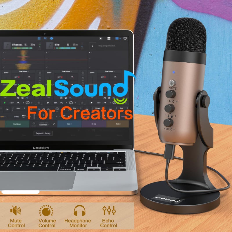 ZealSound ميكروفون USB من ZealSound، ميكروفون كمبيوتر مكثف، ميكروفونات ألعاب Plug&Play لجهاز PS 4&5. مخرج سماعة التحكم في الصوت، التحكم في مستوى الميكروفون، زر كتم الصوت للبث الصوتي، بودكاست يوتيوب على ماك وويندوز (ذهبي) - Image 5