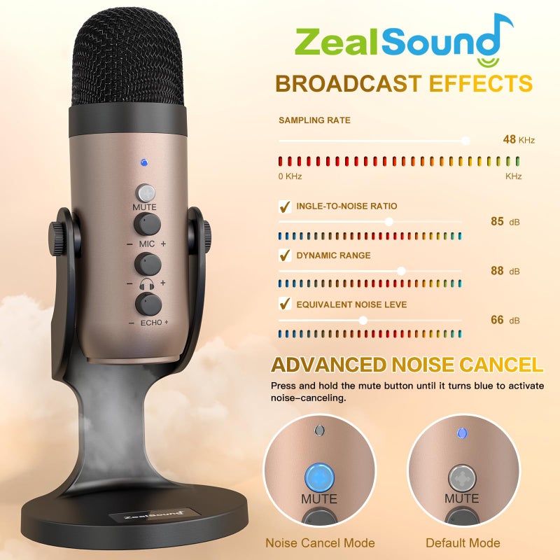 ZealSound ميكروفون USB من ZealSound، ميكروفون كمبيوتر مكثف، ميكروفونات ألعاب Plug&Play لجهاز PS 4&5. مخرج سماعة التحكم في الصوت، التحكم في مستوى الميكروفون، زر كتم الصوت للبث الصوتي، بودكاست يوتيوب على ماك وويندوز (ذهبي) - Image 3