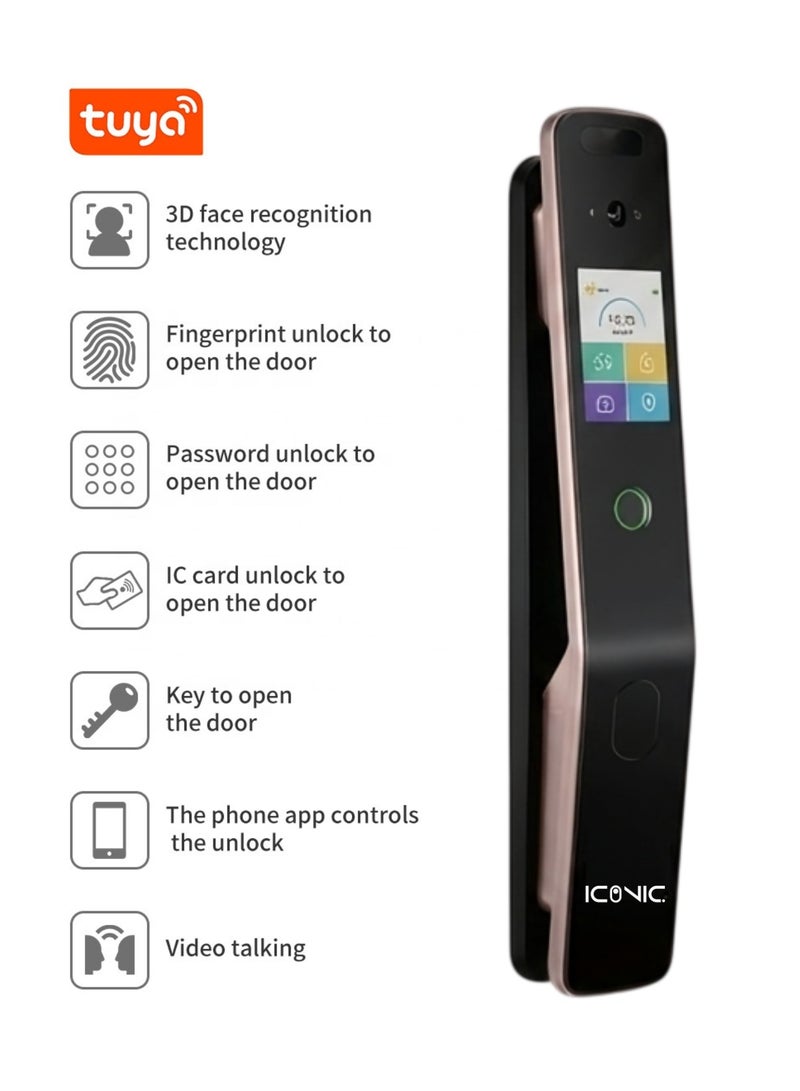 ايكونيك قفل باب ذكي X40 Ultra من ICONIC مزود بكاميرا وشاشة خارجية ,خاصية التحدث فيديو مباشر ,يعمل عن طريق بصمة الوجه Face ID او بصمة الاصبع ,كف اليد ,الباسورد ,تطبيق الهاتف TUYA او كروت مغناطيسية ,مفتاح امان - Image 5