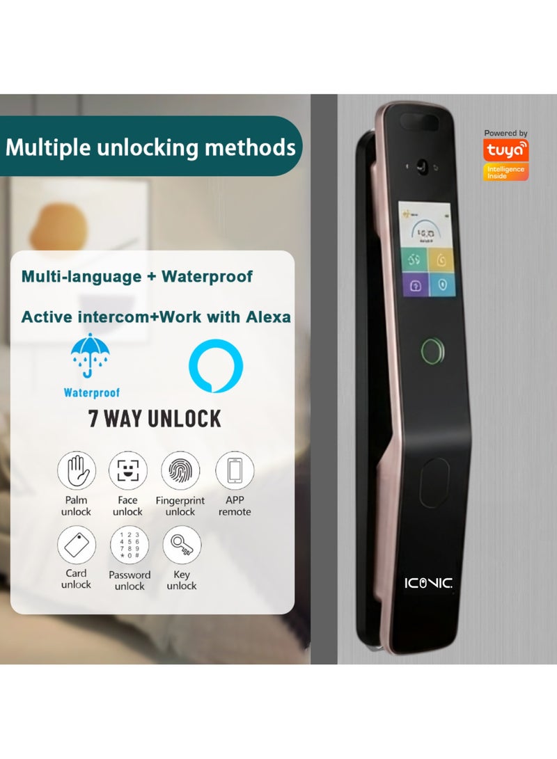 ايكونيك قفل باب ذكي X40 Ultra من ICONIC مزود بكاميرا وشاشة خارجية ,خاصية التحدث فيديو مباشر ,يعمل عن طريق بصمة الوجه Face ID او بصمة الاصبع ,كف اليد ,الباسورد ,تطبيق الهاتف TUYA او كروت مغناطيسية ,مفتاح امان - Image 3