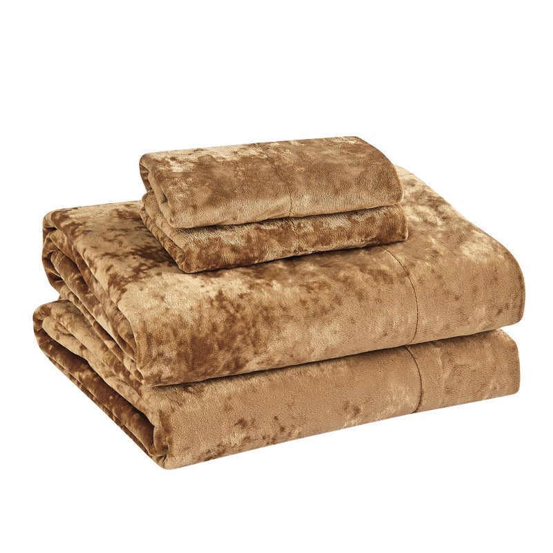 Fredsure Distressed Velvet Sheet Set, 4 Pieces Caramel Gold King, Ultra Soft, Warm - Image 4