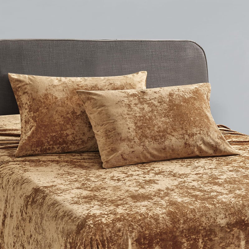 Fredsure Distressed Velvet Sheet Set, 4 Pieces Caramel Gold King, Ultra Soft, Warm - Image 2