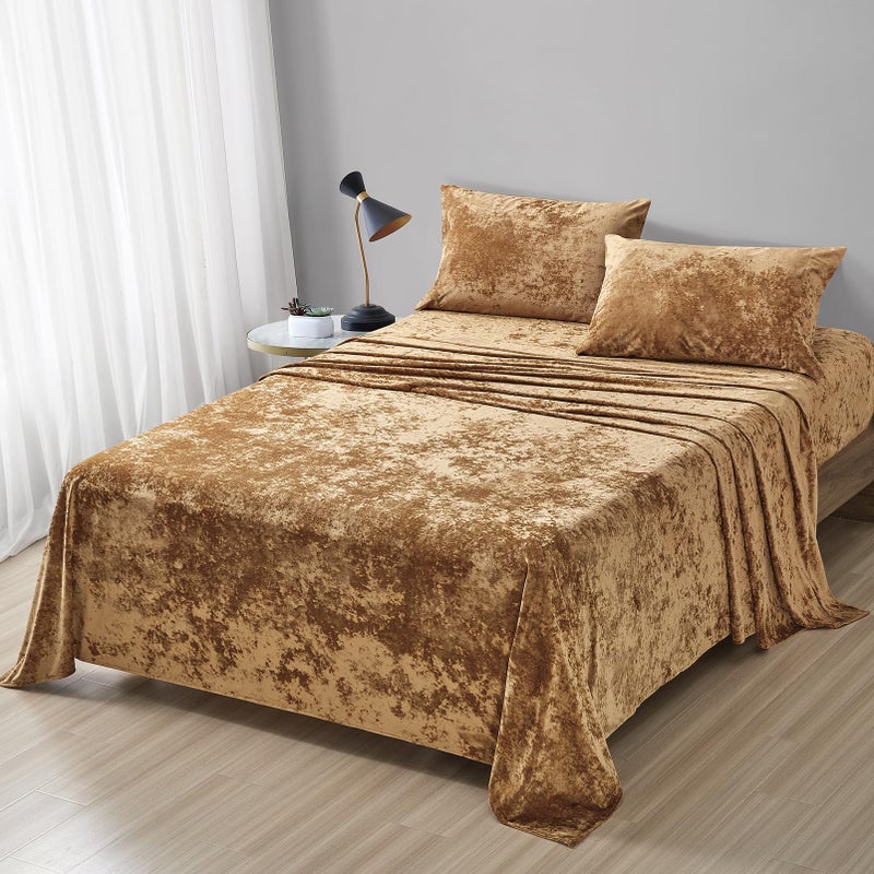 Fredsure Distressed Velvet Sheet Set, 4 Pieces Caramel Gold King, Ultra Soft, Warm - Image 1