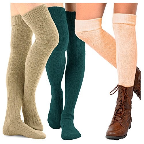 TeeHee Socks Cute Cable Cuff Crochet Fashion Over the Knee High Socks for Women & Girls 3 Pair (Basic Combo) - Image 1