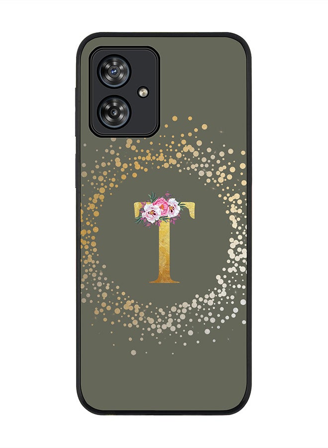 Stylizedd Rugged Black Case for Motorola Moto G54 / Motorola Moto G54 Power / Motorola Moto G64 5G,Custom Monogram Letter Floral Alphabet - T(Olive Green) - Image 1