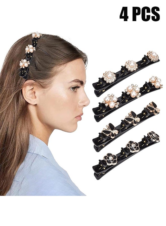 HY Satin Fabric Hair Clips - Braided Hair Clips for Women, Sparkling Crystal Stone Braided Hair Clips, Clover Rhinestone Hair Clip, Rhinestones Butterfly Duckbill Hairpin for Styling (4pcs) - Image 1