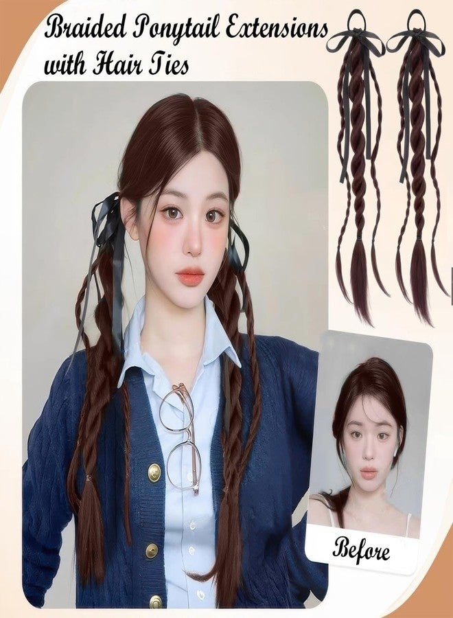 AUOCATTAIL 2Pcs Braided Ponytail Extensions with Hair Ties Double Twist Braid Hair Rope Ribbon Bow Soft Synthetic Hairpieces for Women Girls Daily Wear Accessories (Dark Brown) - Image 3