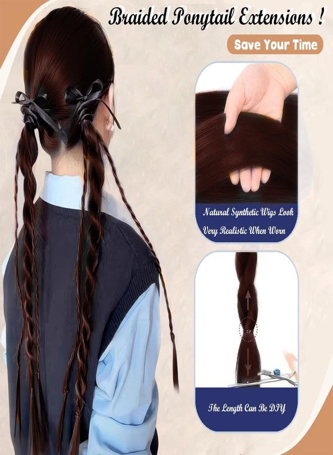 AUOCATTAIL 2Pcs Braided Ponytail Extensions with Hair Ties Double Twist Braid Hair Rope Ribbon Bow Soft Synthetic Hairpieces for Women Girls Daily Wear Accessories (Dark Brown) - Image 2