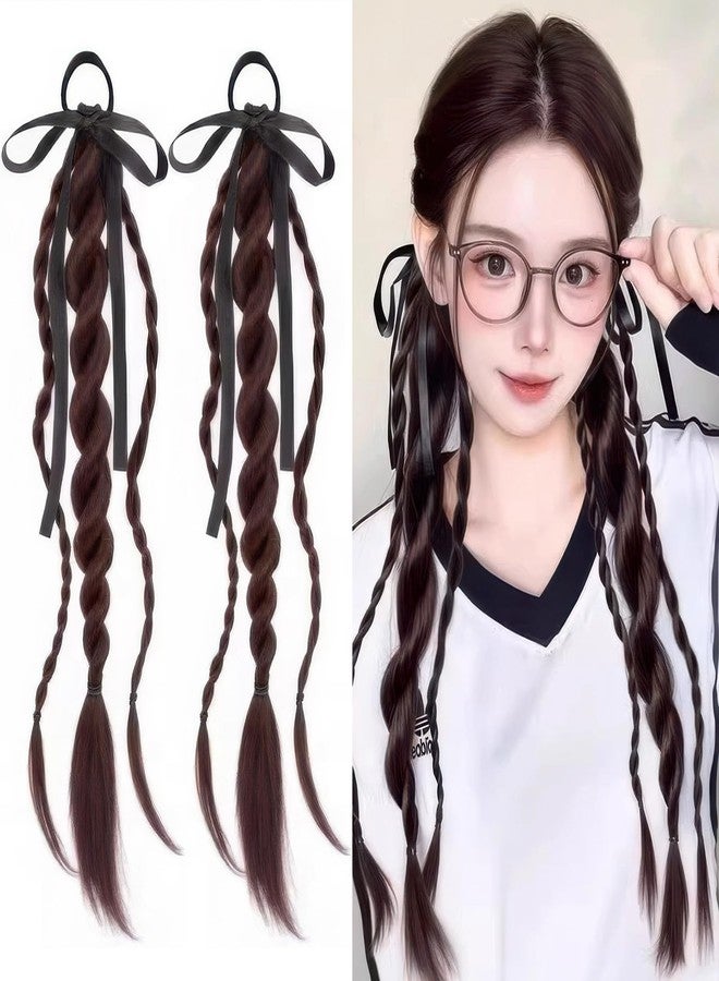 AUOCATTAIL 2Pcs Braided Ponytail Extensions with Hair Ties Double Twist Braid Hair Rope Ribbon Bow Soft Synthetic Hairpieces for Women Girls Daily Wear Accessories (Dark Brown) - Image 1