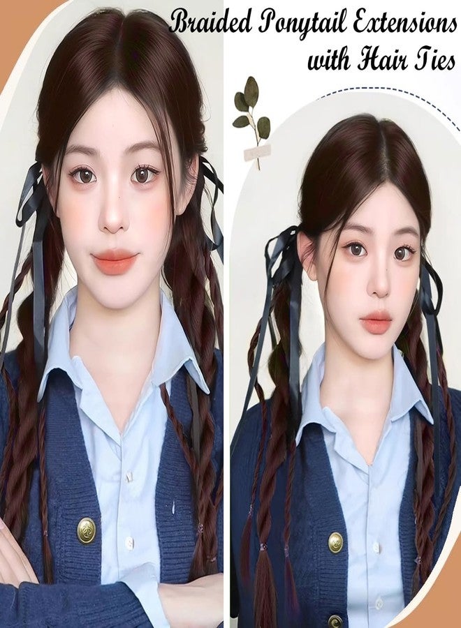 AUOCATTAIL 2Pcs Braided Ponytail Extensions with Hair Ties Double Twist Braid Hair Rope Ribbon Bow Soft Synthetic Hairpieces for Women Girls Daily Wear Accessories (Dark Brown) - Image 4