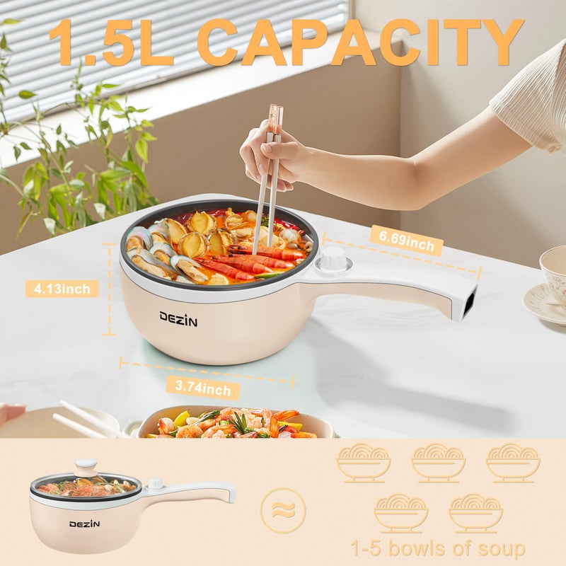Dezin Hot Pot Electric Upgraded, Non-Stick SautÃ© Pan, Rapid Noodles Electric Pot, 1.5L Mini Portable Hot Pot for Steak, Egg, Fried Rice, Ramen, Oatmeal, Soup with Power Adjustment - Image 4