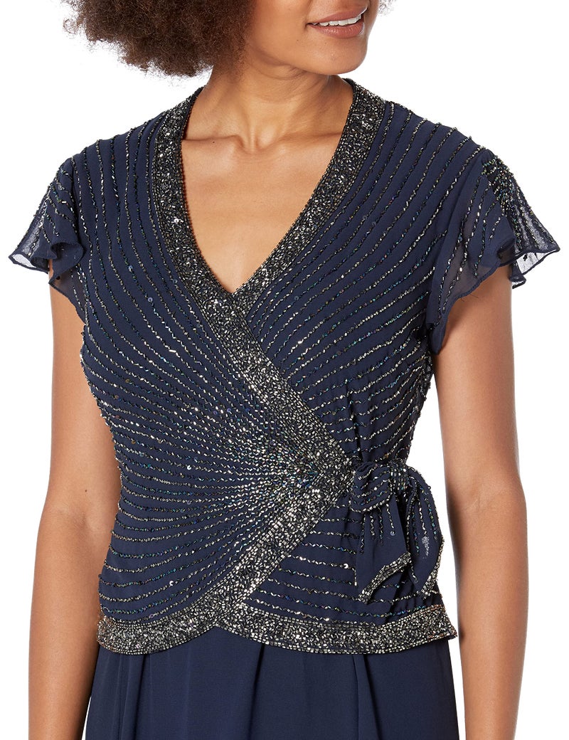J Kara Women's Short Sleeve V Neck Faux Wrap Long Dress, Navy/Shades//Mercer, 14 - Image 3