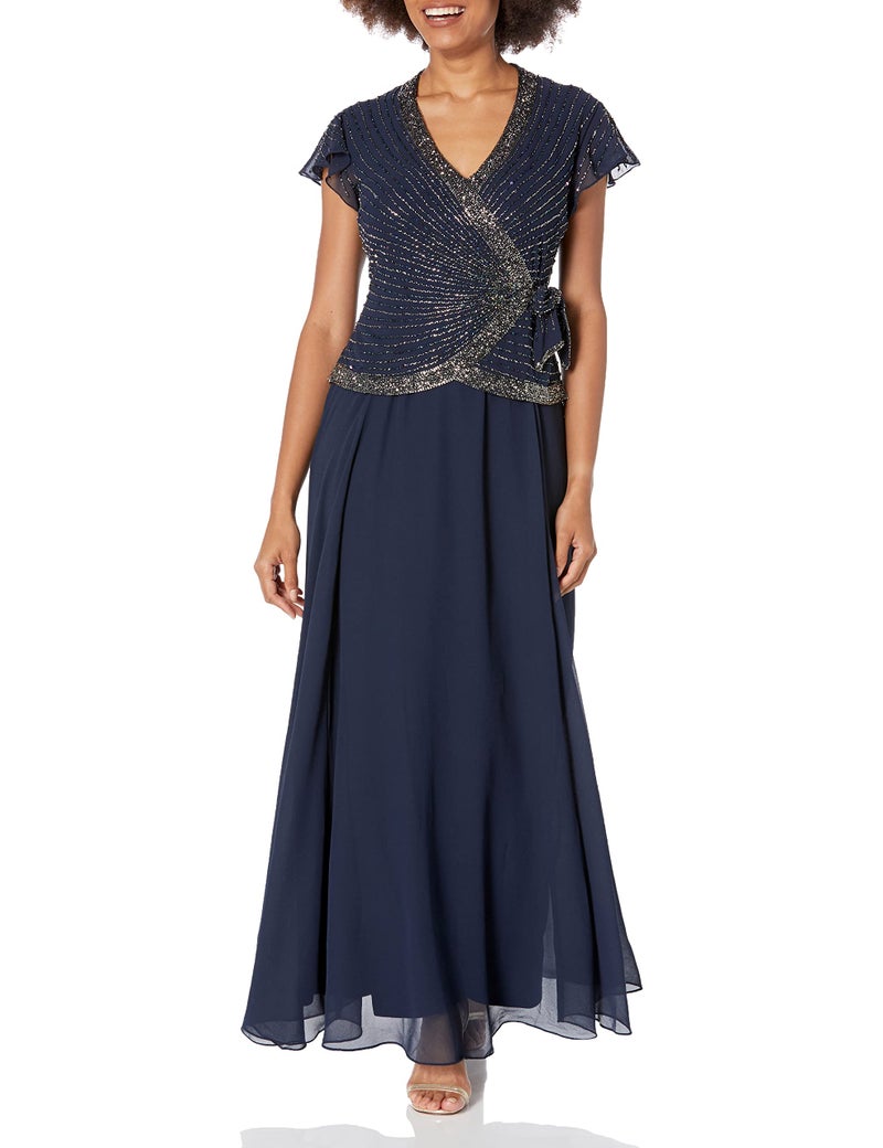 J Kara Women's Short Sleeve V Neck Faux Wrap Long Dress, Navy/Shades//Mercer, 14 - Image 1