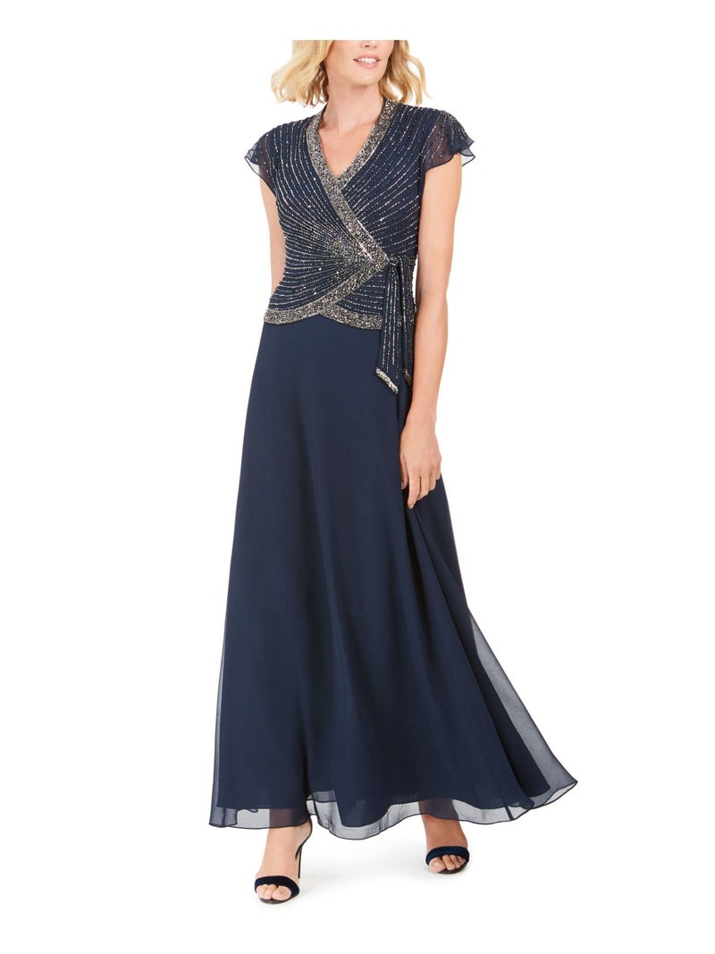 J Kara Women's Short Sleeve V Neck Faux Wrap Long Dress, Navy/Shades//Mercer, 14 - Image 4