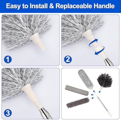 AUXOTA Microfiber Duster with Extension Pole(Stainless Steel) 30 to 100 Inches, Washable Dusters, Reusable Dusters, Bendable Duster for High Ceiling, Cleaning Ceiling Fan, Furniture, Blinds, Cars - Image 3