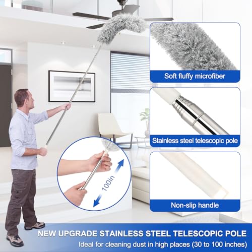 AUXOTA Microfiber Duster with Extension Pole(Stainless Steel) 30 to 100 Inches, Washable Dusters, Reusable Dusters, Bendable Duster for High Ceiling, Cleaning Ceiling Fan, Furniture, Blinds, Cars - Image 2