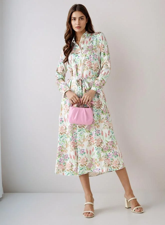 Splash FAV Floral Print Shirt Dress with Tie-Up Detail