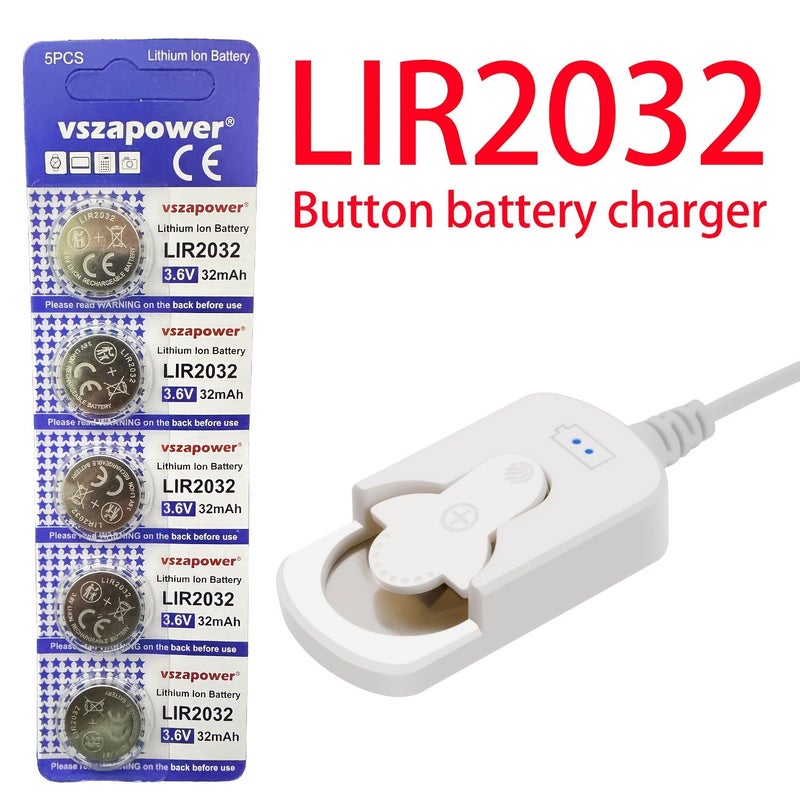 White LIR2032 Charger Set With 5 Rechargeable Button Batteries - Image 1