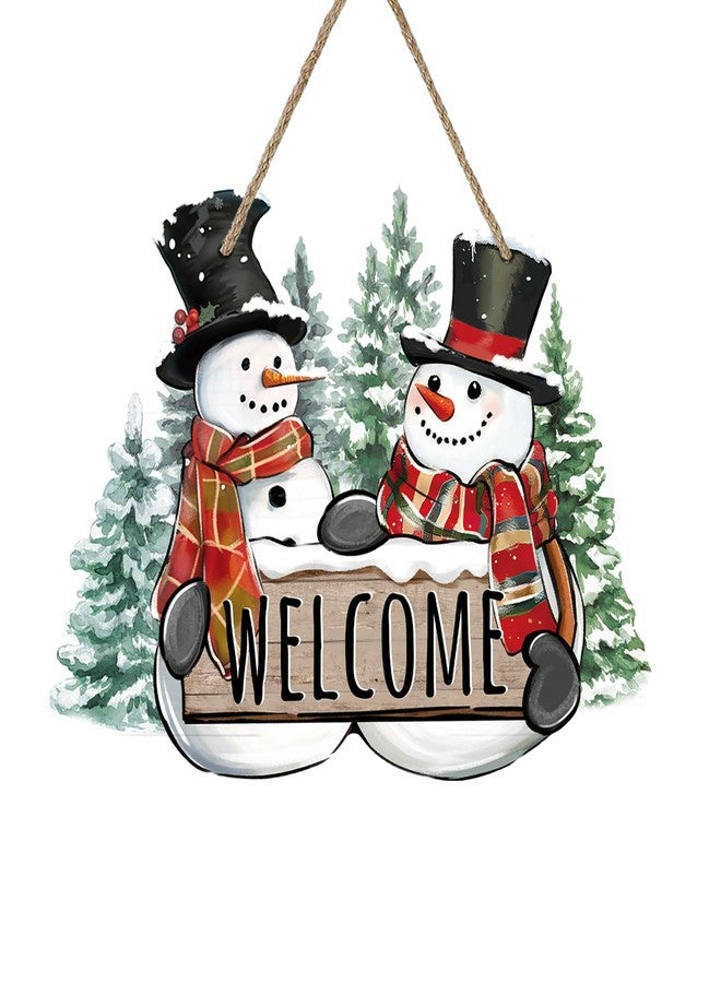 Bolisom Welcome Winter Snowman Front Door Sign, Pine Tree Farmhouse Wood Hanger Outdoor Outside Porch Home Decor, Rustic Christmas Snowflake Wooden Wreath Indoor Wall Hanging Decoration - Image 1