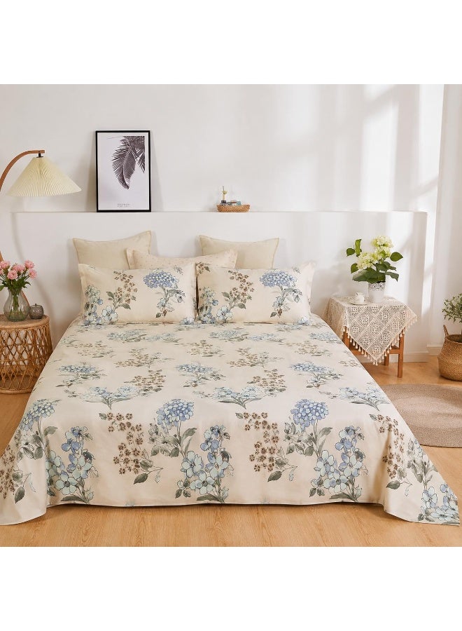 3-Piece 150 GSM Microfiber King Size Bed Sheet Set - Elegant Blue Hydrangea & Botanical Print on Cream, Includes 1 Flat Sheet (270x250 CM) & 2 Pillowcases (50x75 CM) - Image 1