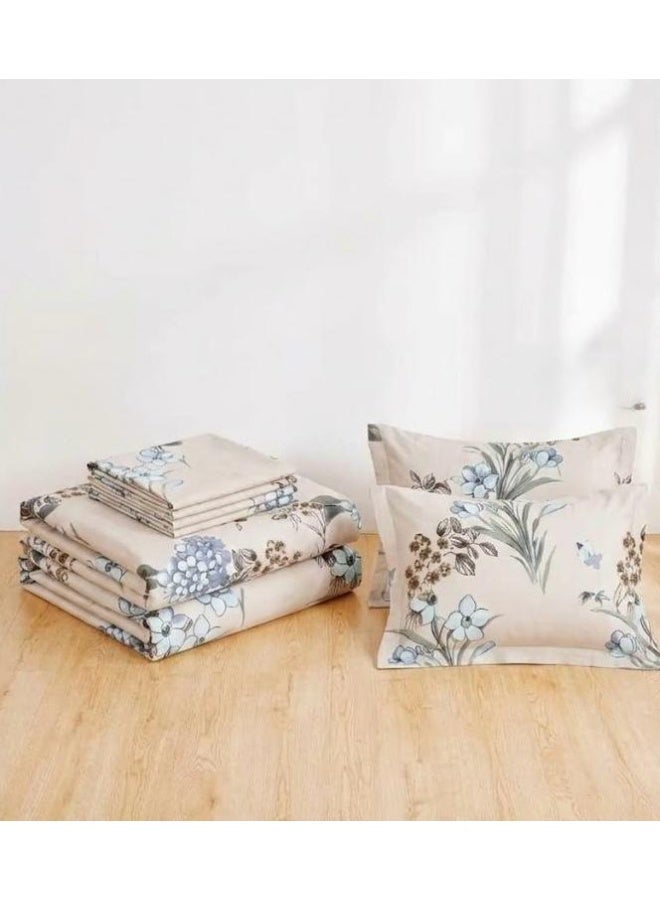 3-Piece 150 GSM Microfiber King Size Bed Sheet Set - Elegant Blue Hydrangea & Botanical Print on Cream, Includes 1 Flat Sheet (270x250 CM) & 2 Pillowcases (50x75 CM) - Image 5