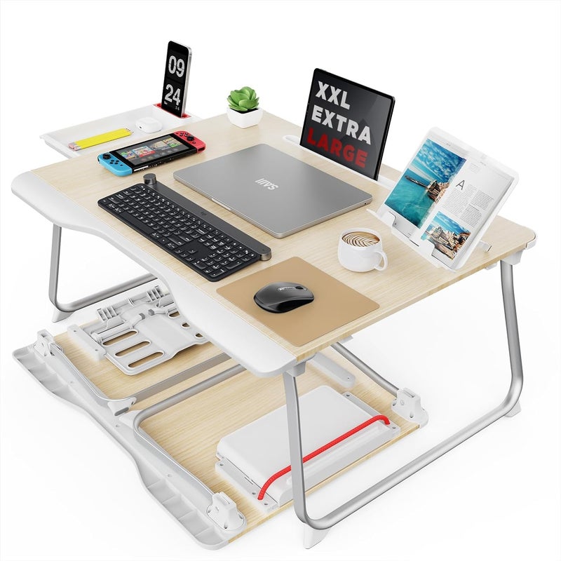 SAIJI Folding Bed Desk for Laptop Eating Breakfast Writing Gaming Extra Large 256 x 193 Portable Floor Stand Laptop Desk Table for AdultKids Wood Bed Tray Table Lap Desk