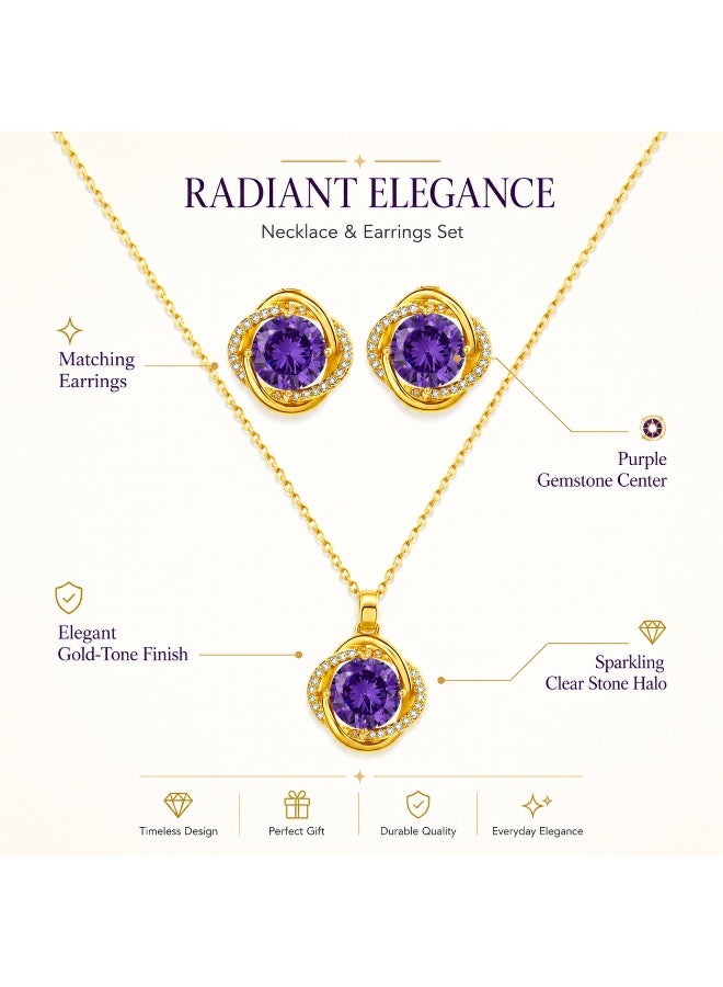 Gold Tone Purple Zircon Jewelry Set for Women, Necklace and Earrings Set, Elegant Round Pendant with Sparkling Rhinestone Look, Fashion Jewelry Gift for Party, Wedding, Evening Wear and Daily Outfit - Image 2
