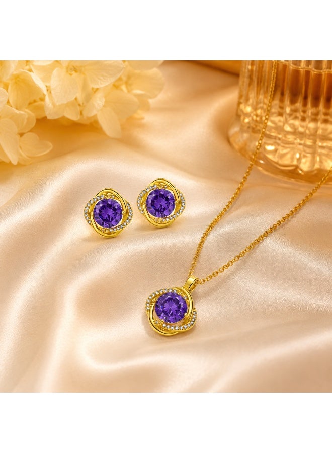 Gold Tone Purple Zircon Jewelry Set for Women, Necklace and Earrings Set, Elegant Round Pendant with Sparkling Rhinestone Look, Fashion Jewelry Gift for Party, Wedding, Evening Wear and Daily Outfit - Image 1