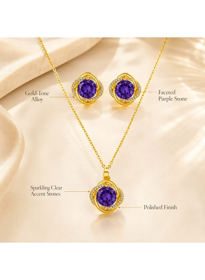 Gold Tone Purple Zircon Jewelry Set for Women, Necklace and Earrings Set, Elegant Round Pendant with Sparkling Rhinestone Look, Fashion Jewelry Gift for Party, Wedding, Evening Wear and Daily Outfit - Image 5