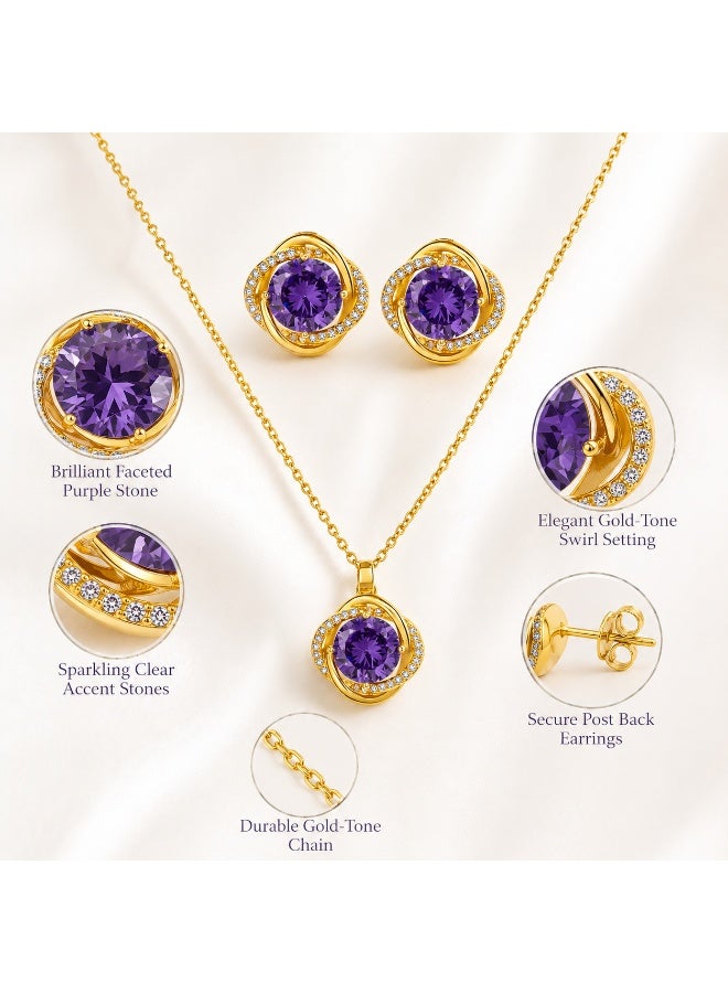 Gold Tone Purple Zircon Jewelry Set for Women, Necklace and Earrings Set, Elegant Round Pendant with Sparkling Rhinestone Look, Fashion Jewelry Gift for Party, Wedding, Evening Wear and Daily Outfit - Image 3
