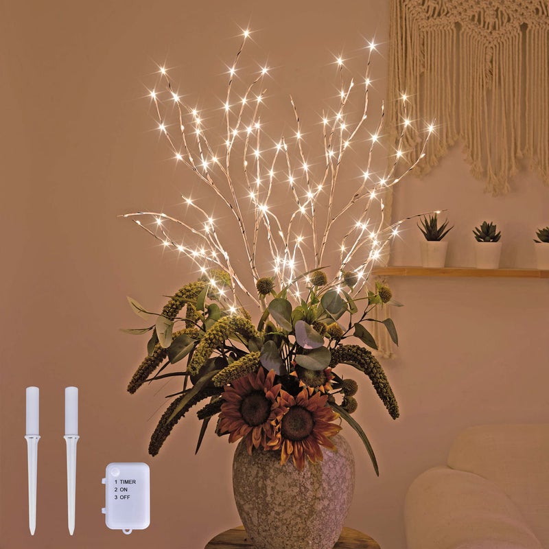 LIGHTSHARE Lighted 32IN Artificial Twig Birch Tree Branch with 120 Fairy LED Lights Battery Operated with Timer for Spring Thanksgiving Christmas Decoration Indoor Outdoor Sticks White