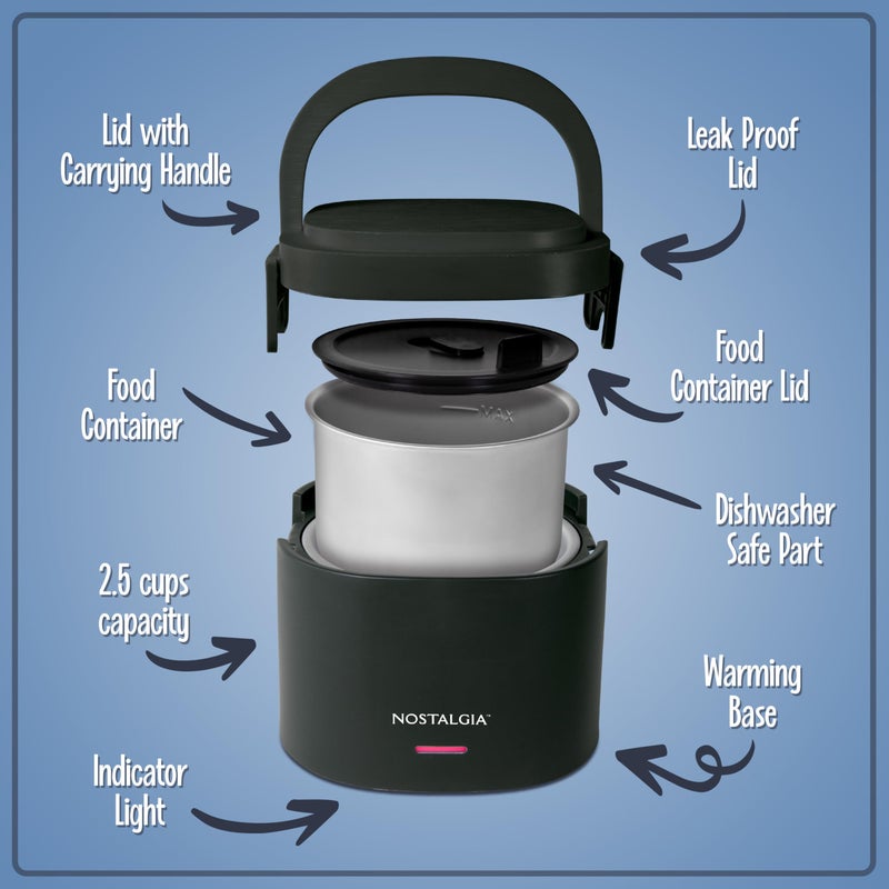 Nostalgia Portable 20-Ounce Electric Heated Lunch Box â€“ Travel Size 2.5 Cup Capacity for Soup, Chili, and Leftovers â€“ Leak Proof Silicone Sealed Lid, Foldable Carry Handle, Detachable Cord â€“ Black - Image 3
