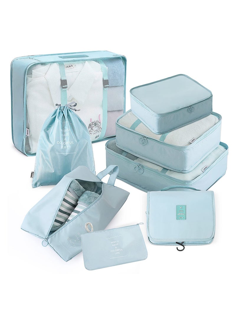 SYOSI Packing Cubes for Travel, 8 Pcs Luggage Organizers with Toiletry Bag Shoes Bag Made with Wearable Waterproof Fabric for Travel Accessories (Bright Blue)  - Image 1