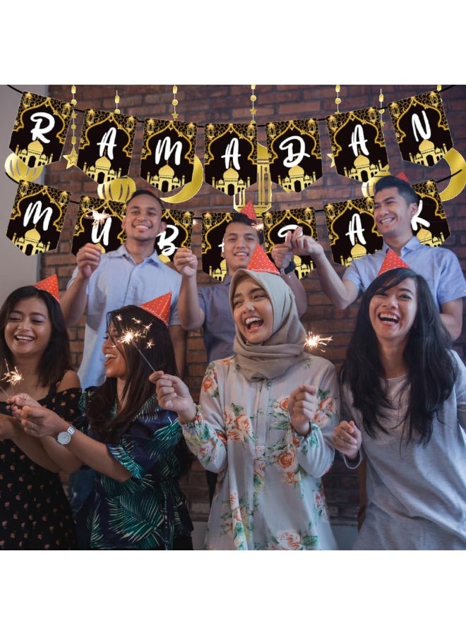 Chielor Ramadan Mubarak Eid Banner Ramadan Decoration Black Gold Eid Banner Muslim Islamic Party Decoration Shiny Gold Star Moon Garland for Eid Party Decoration Indoor and Outdoor Decoration - Image 4