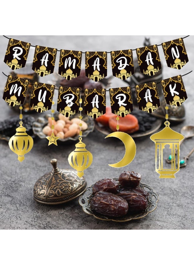 Chielor Ramadan Mubarak Eid Banner Ramadan Decoration Black Gold Eid Banner Muslim Islamic Party Decoration Shiny Gold Star Moon Garland for Eid Party Decoration Indoor and Outdoor Decoration - Image 5