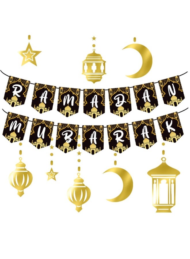 Chielor Ramadan Mubarak Eid Banner Ramadan Decoration Black Gold Eid Banner Muslim Islamic Party Decoration Shiny Gold Star Moon Garland for Eid Party Decoration Indoor and Outdoor Decoration - Image 1