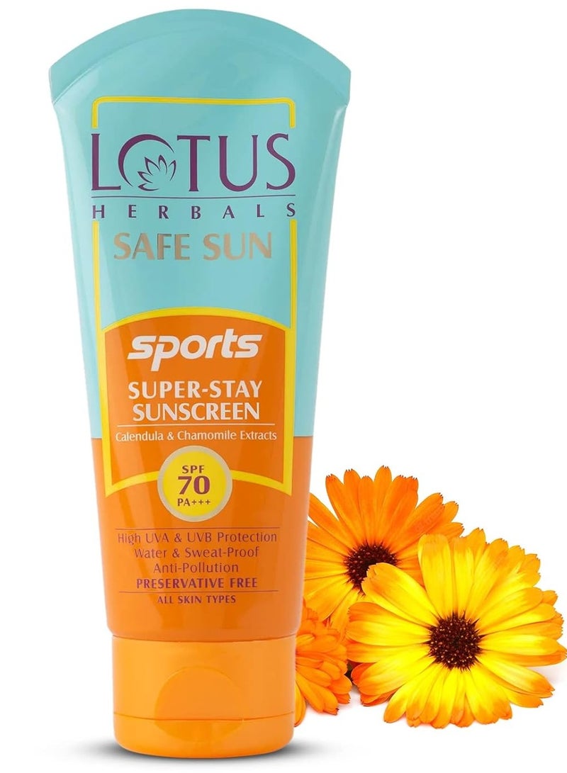 LOTUS HERBALS Lotus Herbals Safe Sun Sports Super Stay Sunscreen Cream SPF 70 PA+++, Sweat and Waterproof, Preservatives Free, 80g  - Image 1