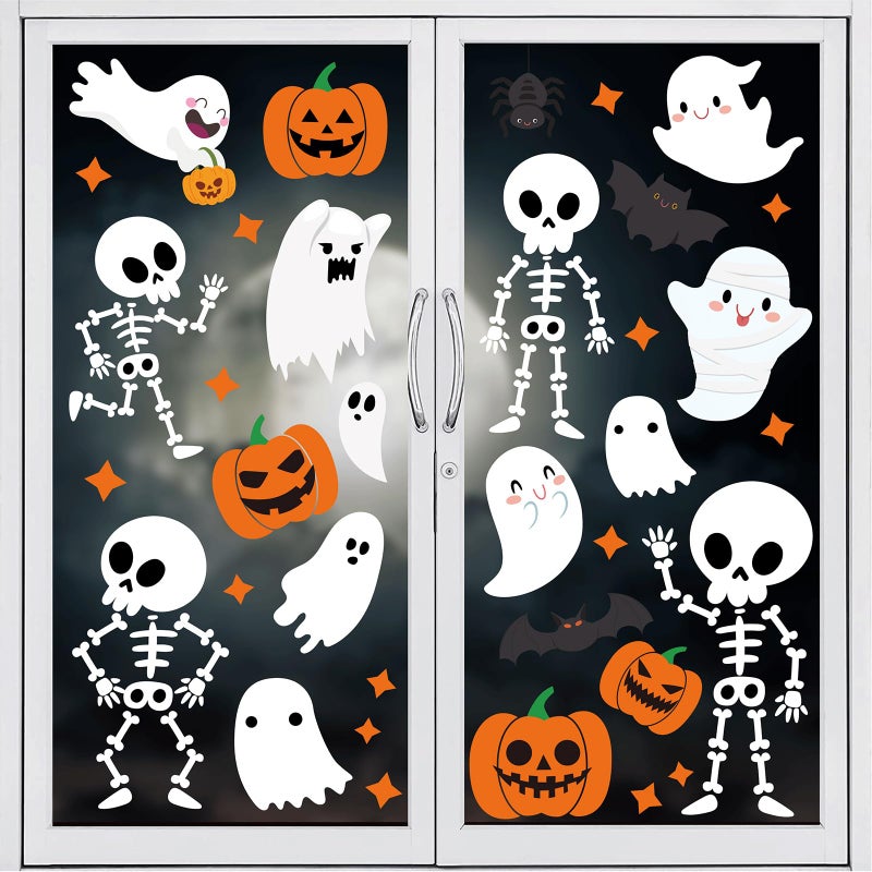 Whaline 9 Sheet Halloween Window Clings Cute Cartoon Ghost Pumpkin Skeleton Reusable Window Decals for Home Classroom Office Haunted Party Decor - Image 1