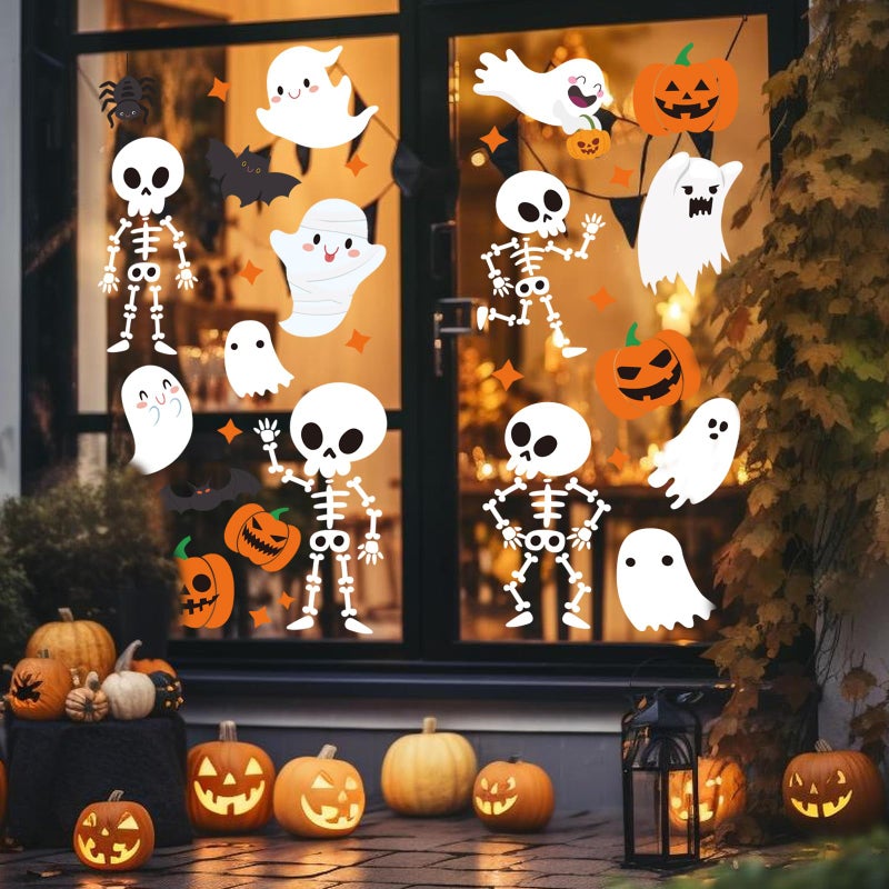 Whaline 9 Sheet Halloween Window Clings Cute Cartoon Ghost Pumpkin Skeleton Reusable Window Decals for Home Classroom Office Haunted Party Decor - Image 4