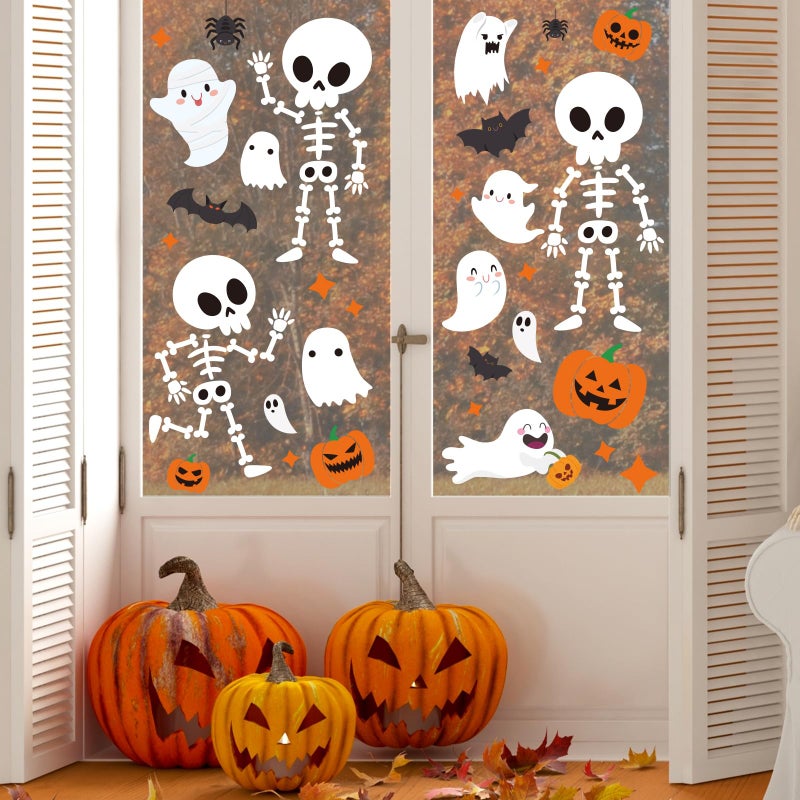 Whaline 9 Sheet Halloween Window Clings Cute Cartoon Ghost Pumpkin Skeleton Reusable Window Decals for Home Classroom Office Haunted Party Decor - Image 3
