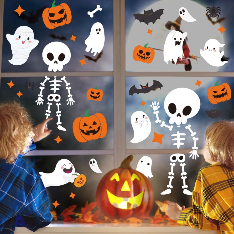 Whaline 9 Sheet Halloween Window Clings Cute Cartoon Ghost Pumpkin Skeleton Reusable Window Decals for Home Classroom Office Haunted Party Decor - Image 2