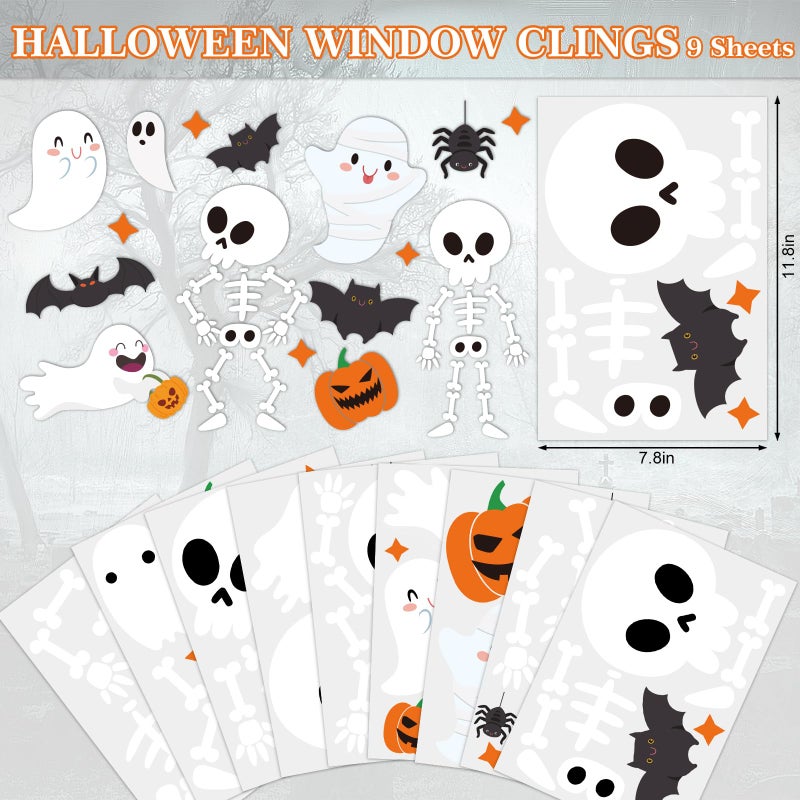Whaline 9 Sheet Halloween Window Clings Cute Cartoon Ghost Pumpkin Skeleton Reusable Window Decals for Home Classroom Office Haunted Party Decor - Image 5