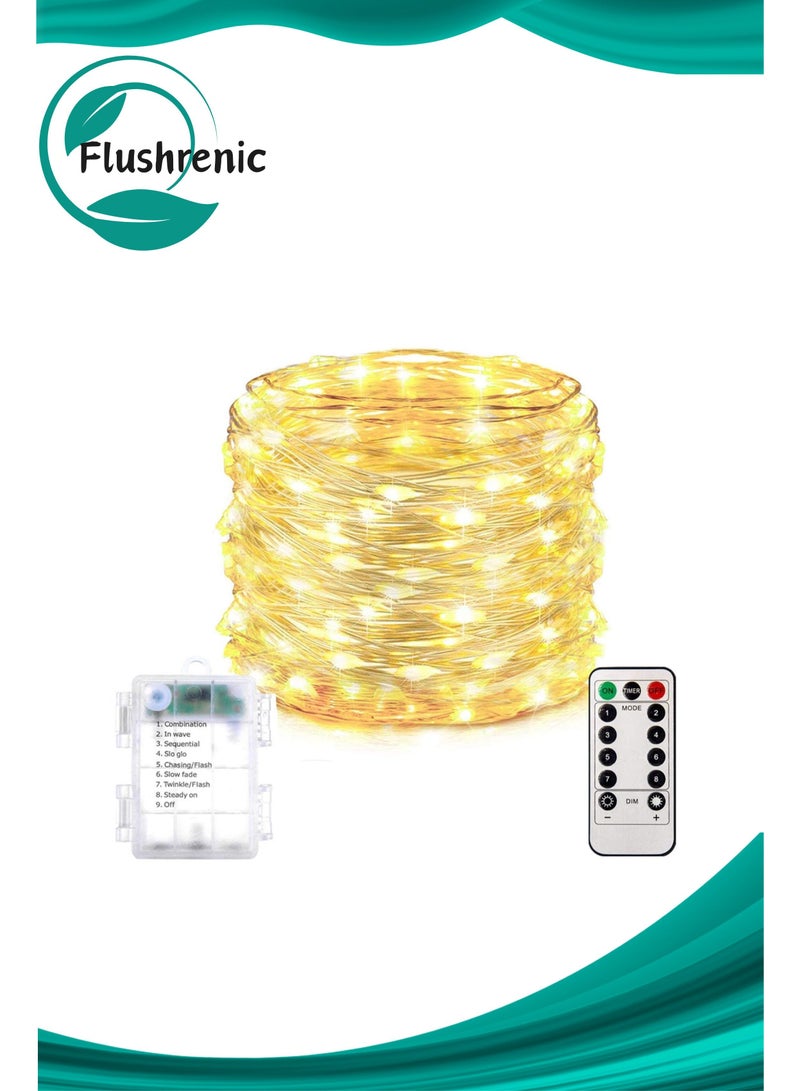 Flushrenic 100 LED light strings, waterproof fairy lights for indoor and outdoor festival decoration, waterproof battery box with 8 modes, remote control of fairy light strings, LED light strings for event lighting and decoration, decorative lights, warm white 10mm - Image 1