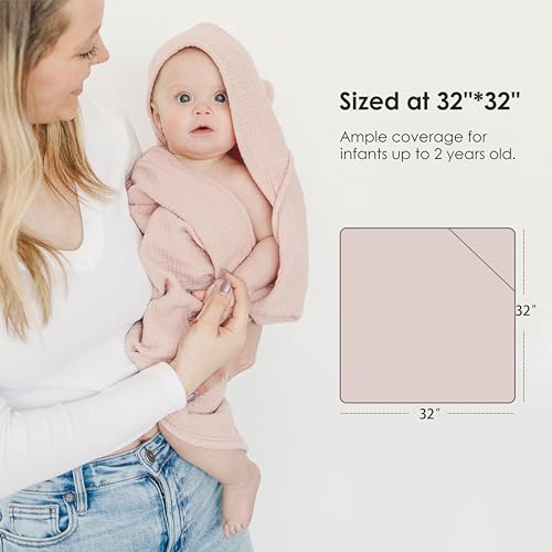 MairMore Hooded Baby Bath Towels, 100% Muslin Cotton Baby Girl Towels with Hood for Neutral Newborn Infants, Soft & Absorbent, Large Size - 32 * 32 Inches (Ivory & Pink) - Image 3