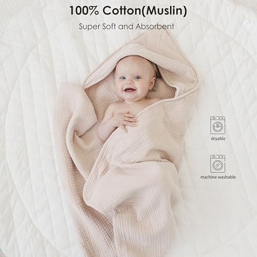 MairMore Hooded Baby Bath Towels, 100% Muslin Cotton Baby Girl Towels with Hood for Neutral Newborn Infants, Soft & Absorbent, Large Size - 32 * 32 Inches (Ivory & Pink) - Image 2